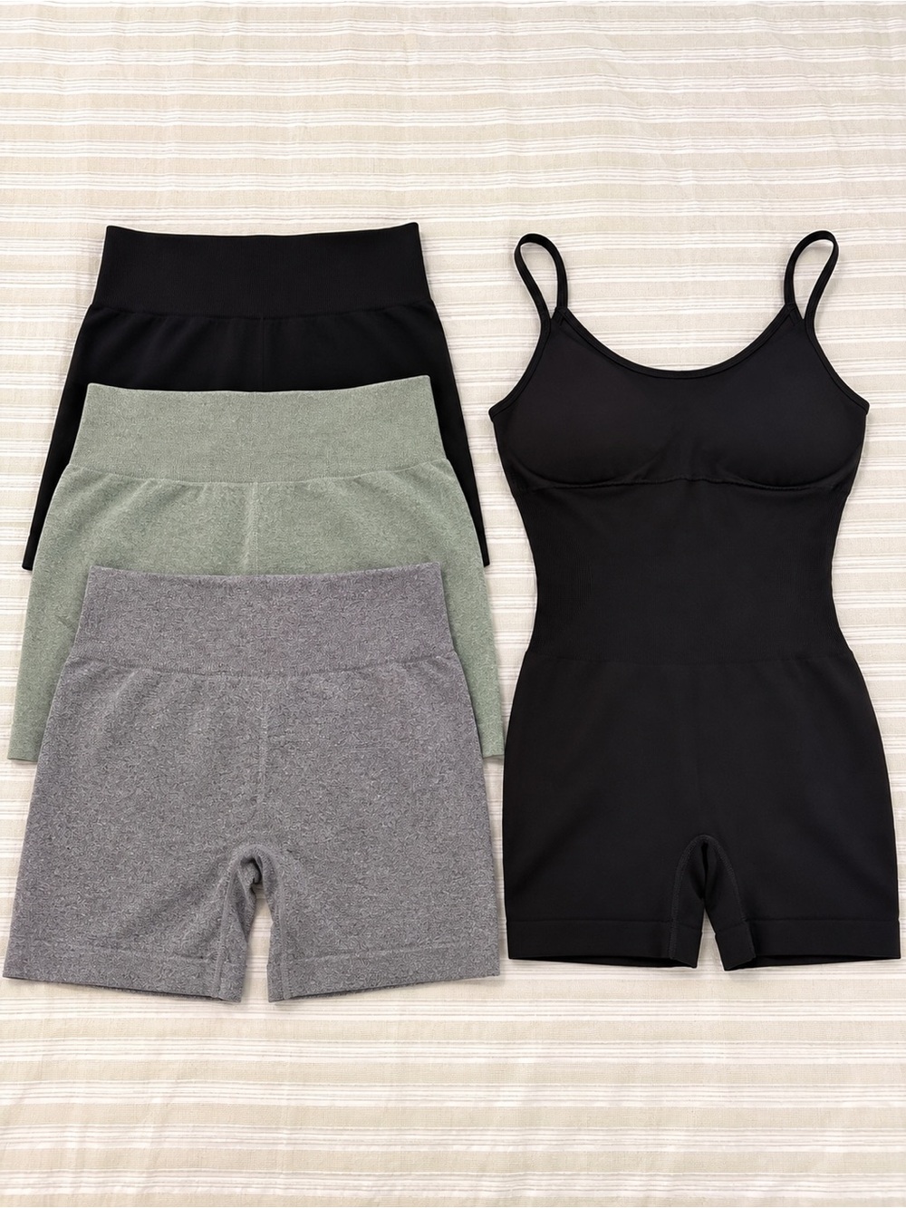 Seamless Shapewear Romper & Bike Shorts Set - Black, Gray, Green